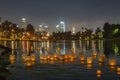 Close up of many lantern with Los Angeles city skyline in Lotus Festival Echo Park