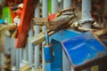 Close up on many love locks on fence Royalty Free Stock Photo