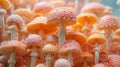 A close up of many orange mushrooms