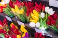 Close-up of many pink, red, yellow Tulip bouquets in a flower shop, Flower market or store. Wholesale and retail sales. mother`s Royalty Free Stock Photo