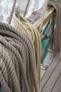 Close up of many ropes coiled up on board of a sailing tall ship Royalty Free Stock Photo