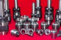 Close up many size of milling chuck and collet with component of cnc machine for high precision and accuracy manufacturing for