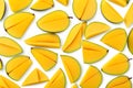 A close up of many slices of yellow mango