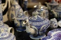 Close up many traditional Chinese teapots