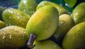 Close-up of many wet jackfruits. Selective focus.