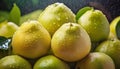 Close-up of many wet pomelos. Selective focus.
