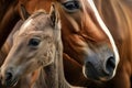 close-up of a mares muzzle touching her foals forehead