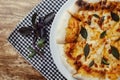 Close-up of Margarita pizza in a disposable dish. Top view of takeaway food in a fast food cafe. On photo - mozzarella cheese, Royalty Free Stock Photo