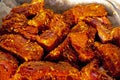 close-up of marinated pork ribs before baking. view from above.