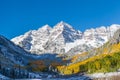 Close up Maroon Bells peaks with yellow aspen forest in Colorado Royalty Free Stock Photo