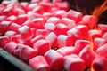 close-up of marshmallow roasting on glowing red hot coals Royalty Free Stock Photo