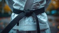 Close-up of a martial arts black belt tied around a gi