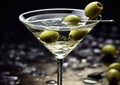 Close up of martini vodka cocktail with olive on dark background.Macro.AI Generative