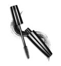 Close-up of mascara brush with black stroke on white background