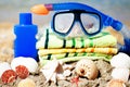 Close up of mask,towel seashells and tube Royalty Free Stock Photo