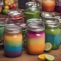 A close-up of a mason jar filled with a layered rainbow smoothie2