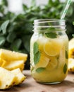 Close-up of a mason jar filled with pineapple mint agua fresca, garnished with fresh pineapple chunks and mint leaves