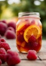 Close-up of a mason jar filled with raspberry peach iced tea, garnished with raspberry, orange and peach slices. AI Royalty Free Stock Photo