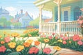 close up of massed flower bed close to wrap-around porch, magazine style illustration