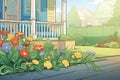 close up of massed flower bed close to wrap-around porch, magazine style illustration