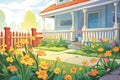 close up of massed flower bed close to wrap-around porch, magazine style illustration