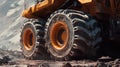 Close-up of massive mining truck tires on muddy ground Royalty Free Stock Photo