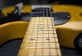 Close-up of the mast, frets and strings of a classic electric guitar