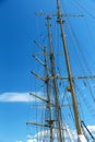 Close-up of a mast on traditional sailboats. The mast of large wooden ship. Beautiful travel picture with masts and rigging of Royalty Free Stock Photo