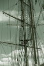 Close-up of a mast on traditional sailboats. The mast of large wooden ship. Beautiful travel picture with masts and rigging of Royalty Free Stock Photo