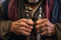 close-up of a master bladesmiths worn hands holding a sword