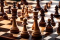 A close-up of a masterfully crafted chessboard with intricately detailed wooden pieces in the midst of a high-stakes game