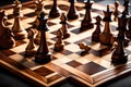 A close-up of a masterfully crafted chessboard with intricately detailed wooden pieces in the midst of a high-stakes game