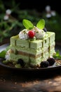 Close-up matcha-infused layered cake