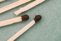 Close-up matches. Wooden sticks for lighting fire. Flat background, top view