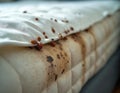 Close-up of mattress infestation with numerous bed bugs crawling on stained bedding. Shows signs of an active insect problem. Royalty Free Stock Photo