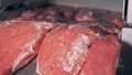 Close up of meat slabs being extruded by a factory machine