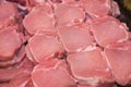 Close up of meat in a supermarket. Raw meat at butcher shop