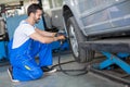 Close up of mechanic changing wheel