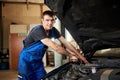 Close-up of mechanic repairs car in his repair shop