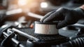 Close-up: Mechanic's Gloved Hand Installing a New Air Filter in a Car Engine Royalty Free Stock Photo