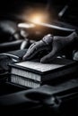 Close-up: Mechanic's Gloved Hand Installing a New Air Filter in a Car Engine Royalty Free Stock Photo