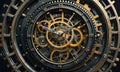 A close up of a mechanical clock with gold gears and numbers. Royalty Free Stock Photo