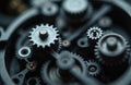 Close-up mechanical gears mechanism parts. Engineering concept. Precise watch clock internal structure. Tiny elements detail. Royalty Free Stock Photo