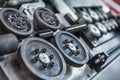 Close up of mechanical nut transport system in industrial factory