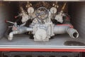 Close up on mechanics of a fire truck. Industrial, valves, mechanics