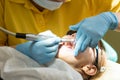 Close-up medical dentist procedure of teeth polishing.Child girl having professional dental cleaning or polishing in Royalty Free Stock Photo