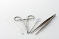 Close up of medical instruments on white background. Instruments is used for cannulation of central venous catheter in ICU in