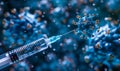 Close-up of a medical syringe injecting a vaccine into a virus molecule, symbolizing scientific breakthroughs in immunology and