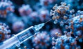 Close-up of a medical syringe injecting a vaccine into a virus molecule, symbolizing scientific breakthroughs in immunology and