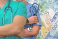 Male and female surgeon or doctor with stethoscope on the background of the stack of Israeli money notes Royalty Free Stock Photo
